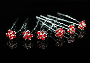 6 Bridal Red Flower Crystal Rhinestone Hair Pins XP1105