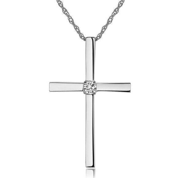 14K White Gold Cross Pendant Necklace 0.08 Ct Diamonds