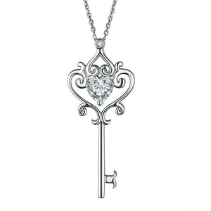 Love Heart Key 925 Sterling Silver Pendant Necklace Vintage Style 1.5 Carat Created Diamond XFN8086