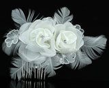 Bridal Fascinator Ivory Satin Feather Rose Handmade Hair Comb XT1385