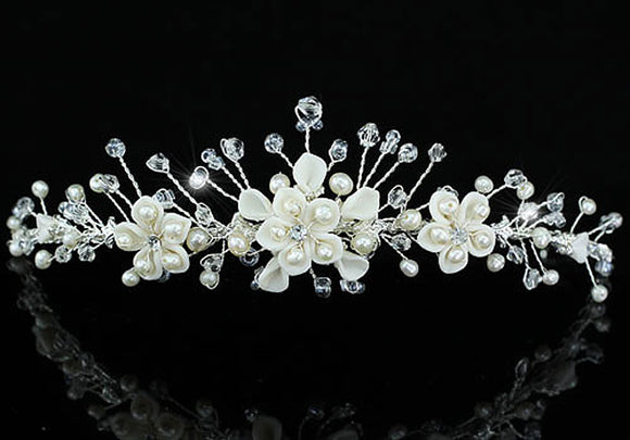 Bridal Handmade Ivory Pearl Flower Crystal Tiara XT1426
