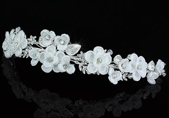 Bridal Handmade White Fabric Crystal Flower Tiara XT1445