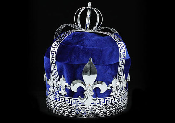 Men's Blue Velvet Deluxe Imperial Medieval Fleur De Lis Silver Full King Crown XT1727