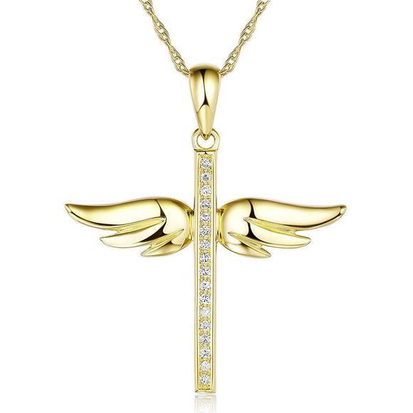 14K Yellow Gold Angel Wing Cross Pendant Necklace 0.08 Ct Diamonds
