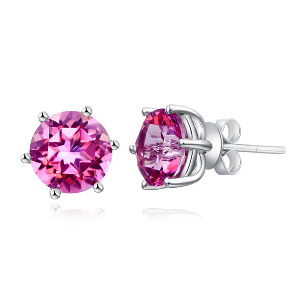 14K White Gold Stud 2.5 Ct Natural Pink Topaz Earrings 6 Claws Prong Classic