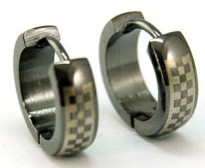 Black Checkered Stainless Steel Hoop Mens Earrings ME019