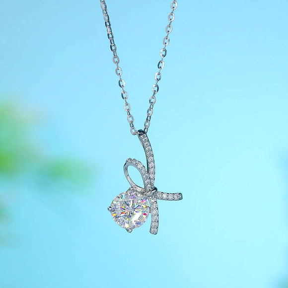 1 Carat Moissanite Diamond Ribbon Pendant Necklace 925 Sterling Silver MFN8155
