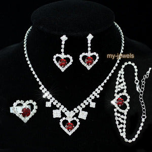 Dark Red Crystal Heart Necklace Bracelet Ring Earrings Set XS1032