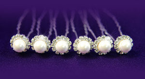 6 Bridal Faux Pearl & Clear Rhinestone Hair Pins XP1045