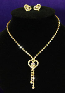 Heart Crystal Rhinestone Gold Necklace Earrings Set XS1045