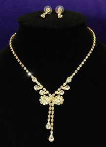 Bow Clear Rhinestone Gold Necklace Earrings Set XS1053