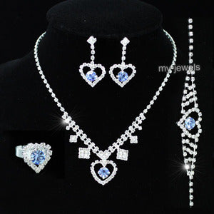Blue Crystal Heart Necklace Bracelet Ring Earrings Set XS1065