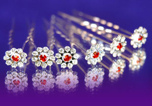 6 X Bridal Flower Red Crystal Hair Pins XP1083
