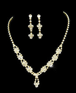Bridal Rhinestone Gold Plated Necklace Earrings Set XS1091