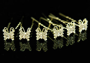 6 X Bridal Wedding Rhinestone Gold Butterfly Hair Pins XP1092