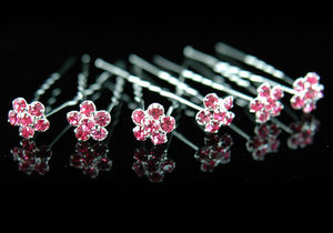 6 Bridal Pink Flower Crystal Rhinestone Hair Pins XP1102