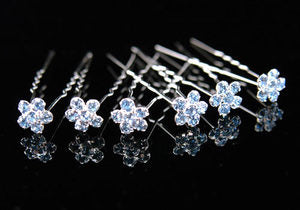 6 Bridal Blue Flower Crystal Rhinestone Hair Pins XP1103