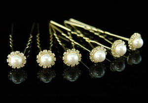 6 Bridal Rhinestone Faux Pearl Gold Plated Hair Pins XP1106