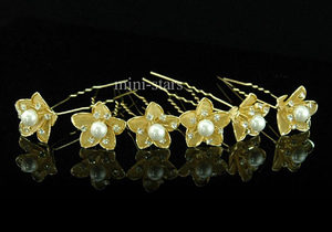 6 pcs X Bridal Gold Plated Pearl Crystal Flower Hair Pins XP1121