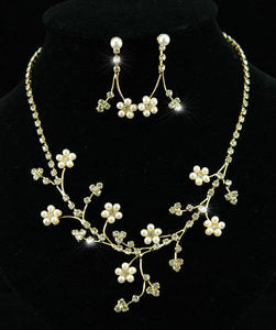 Flower Faux Pearl Crystal Gold Necklace Earrings Set XS1125