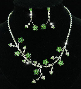 Flower Green Crystal Rhinestone Necklace Earrings Set XS1126