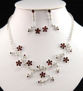 Flower Ruby Red Rhinestone Necklace Earrings Set XS1128