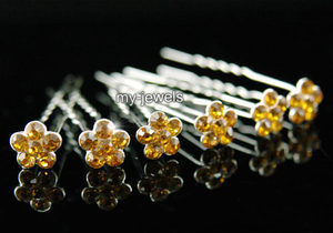 6 pcs X Bridal Gold Amber Flower Crystal Hair Pins XP1133