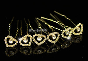 6 pcs X Wedding Heart Crystal Gold Hair Pins XP1134