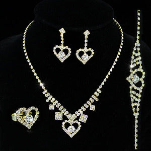 Bridal Wedding Gold Crystal Heart Necklace Bracelet Ring Earrings Set XS1151