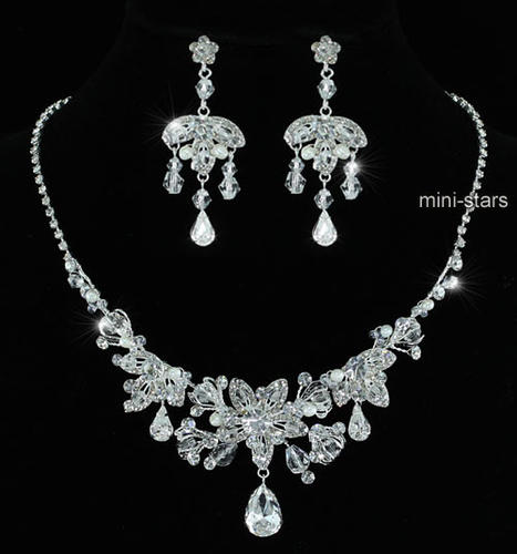 Bridal Wedding Prom Handmade Crystal Silver Plated Necklace Earrings Set XS1212