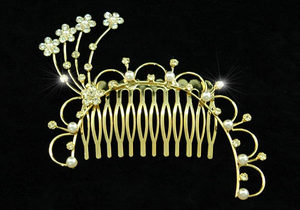 Flowers Crystal Faux Pearl Gold Plate Hair Comb XT1220