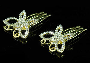 2 X Butterfly Clear Rhinestone Gold Plated Combs XT1224