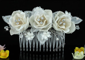 Bridal Ivory Fabric 3D Rose Crystal Hair Comb XT1485