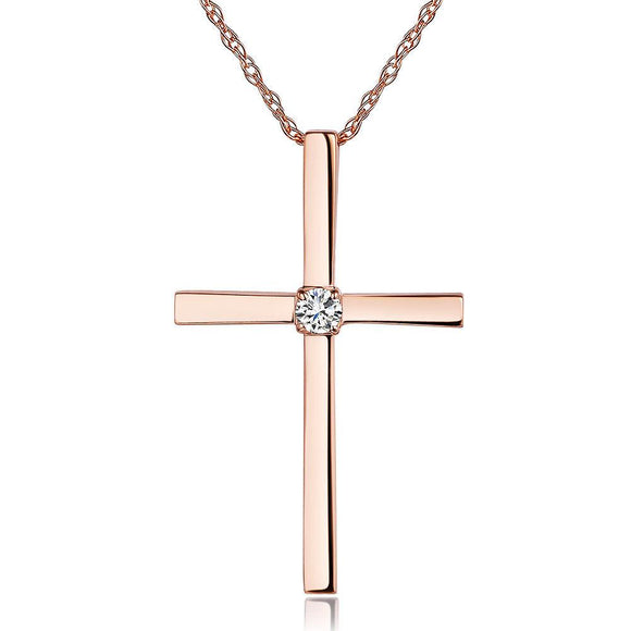 14K Rose Gold Cross Pendant Necklace 0.08 Ct Diamonds
