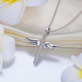 14K White Gold Angel Wing Cross Pendant Necklace 0.08 Ct Diamonds