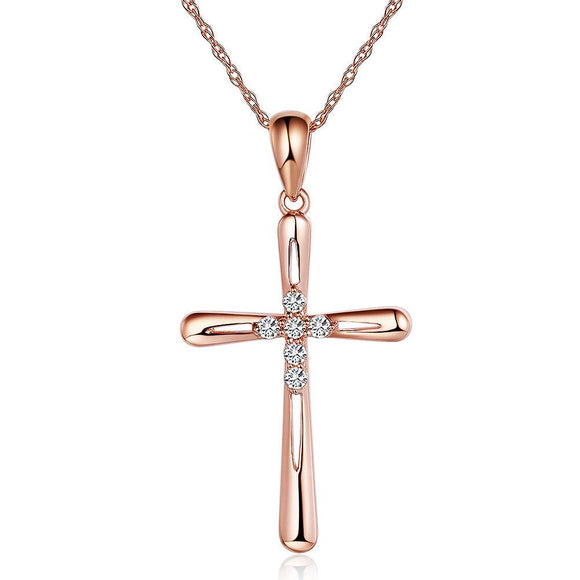 14K Rose Gold Cross Pendant Necklace 0.13 Ct Diamonds