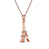 14K Rose Gold Eiffel Tower Pendant Necklace 0.1 Ct Diamonds