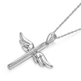 14K White Gold Angel Wing Cross Pendant Necklace 0.08 Ct Diamonds