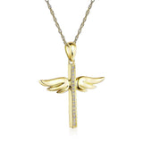 14K Yellow Gold Angel Wing Cross Pendant Necklace 0.08 Ct Diamonds