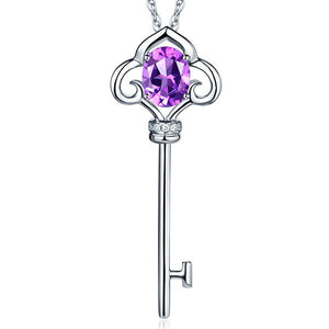 14K White Gold 2.5 Ct Purple Topaz Love Key Pendant Necklace 0.03 Ct Diamond