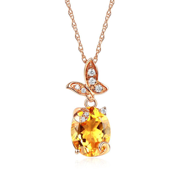 14K Rose Gold 2 Ct Citrine Butterfly Pendant Necklace 0.17 Ct Diamond