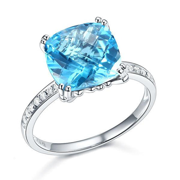 14K White Gold Wedding Anniversary Ring 4.5 Ct Cushion Swiss Blue Topaz Diamond