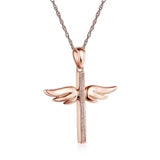 14K Rose Gold Angel Wing Cross Pendant Necklace 0.08 Ct Diamonds