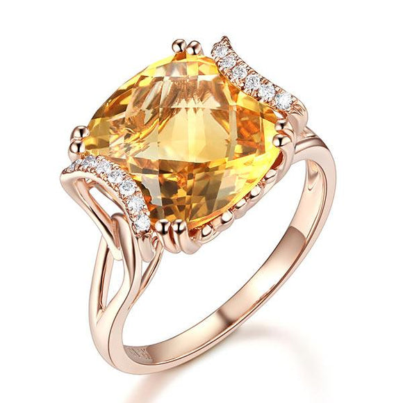Fine 14K Rose Gold Luxury Anniversary Ring 6 Ct Cushion Yellow Citrine Diamond