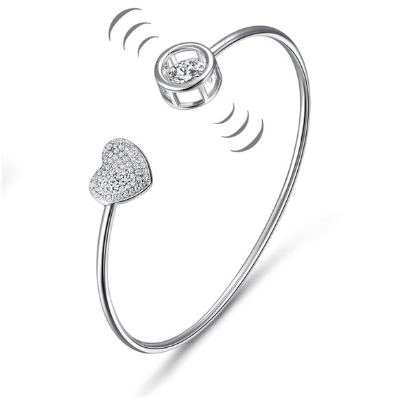Dancing Stone Heart Bangle Solid 925 Sterling Silver Bridal Wedding XFB8016