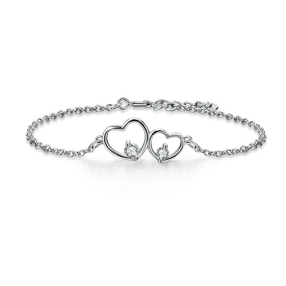 Solid 925 Sterling Silver Bracelet Double Heart Bridesmaid Wedding Gift XFB8019