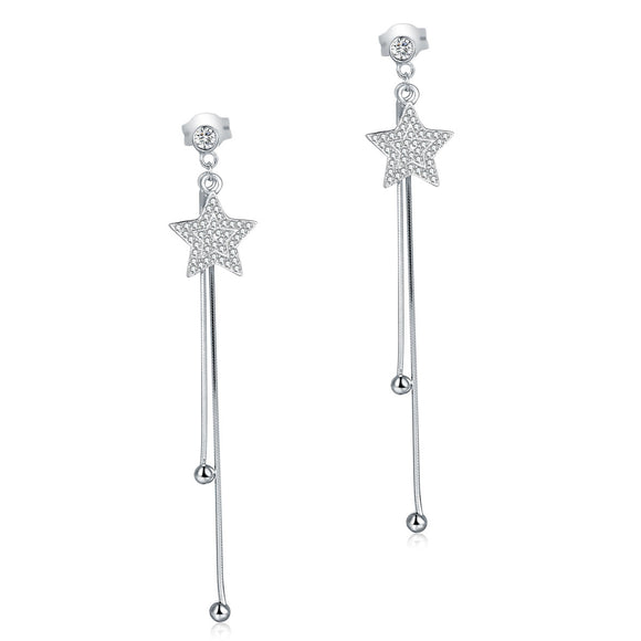 Long Elegant Solid 925 Sterling Silver Earrings Star Created Diamonds