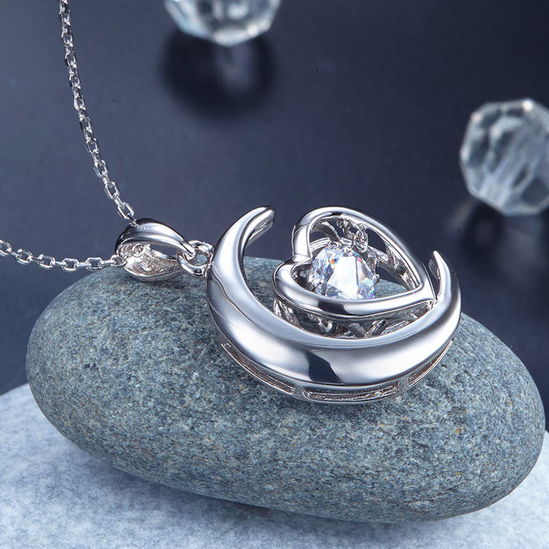 Dancing Stone Moon Heart Pendant Necklace 925 Sterling