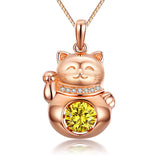 Lucky Cat Dancing Stone Pendant Necklace 925 Sterling Silver Rose Gold Plated XFN8098
