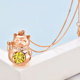 Lucky Cat Dancing Stone Pendant Necklace 925 Sterling Silver Rose Gold Plated XFN8098